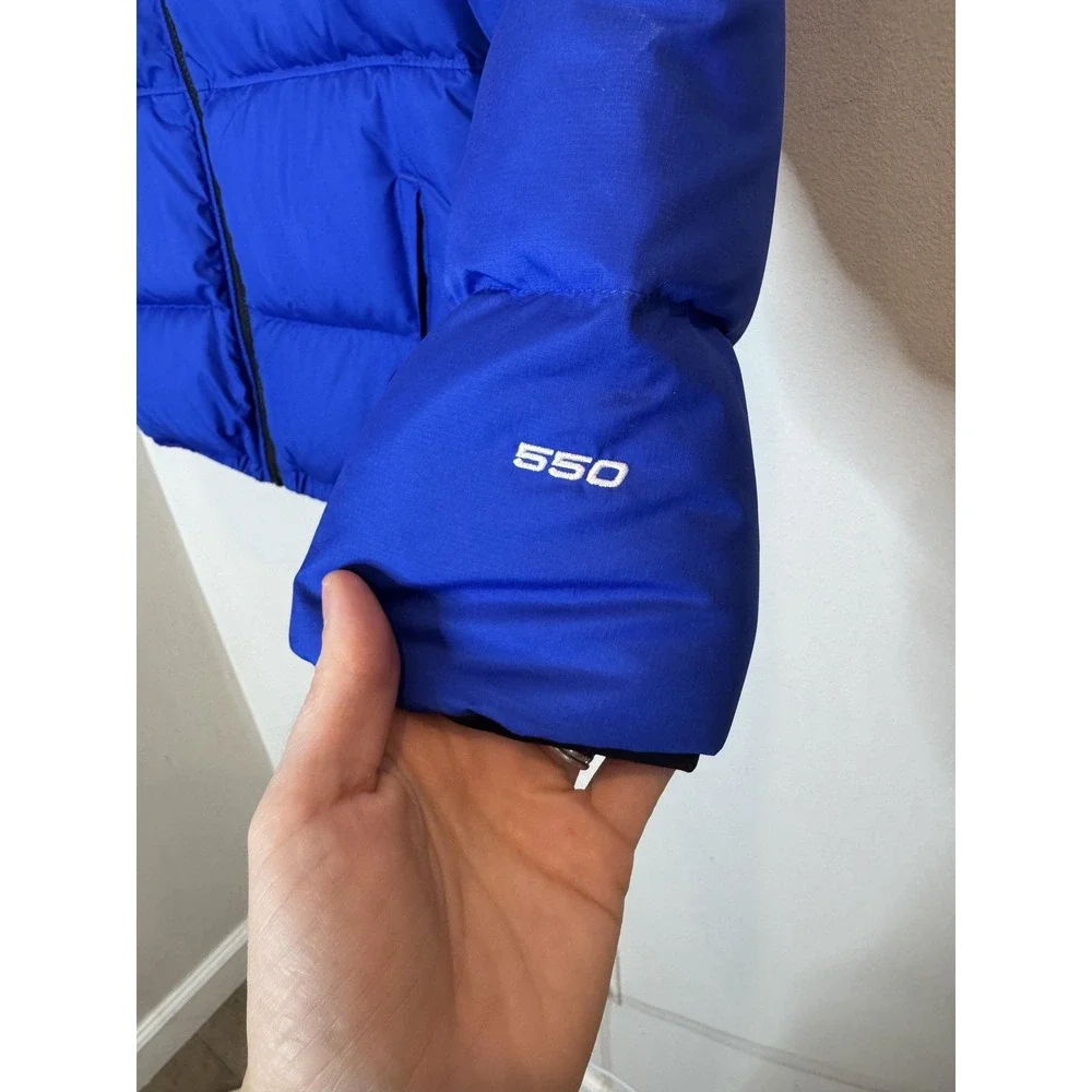 The North Face Jacket Boys Large 14/16 Blue Black 550 Down Hooded Puffer Coat